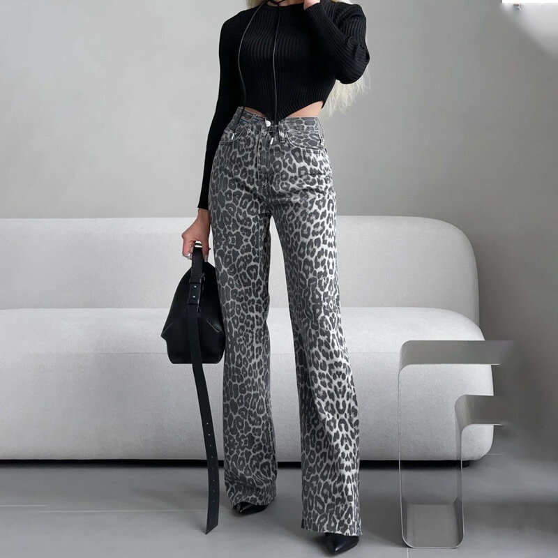 HOUZHOU Leopard Jeans damskie spodnie dżinsowe damskie spodnie Streetwear Hip Hop ubrania Vintage luźne na co dzień
