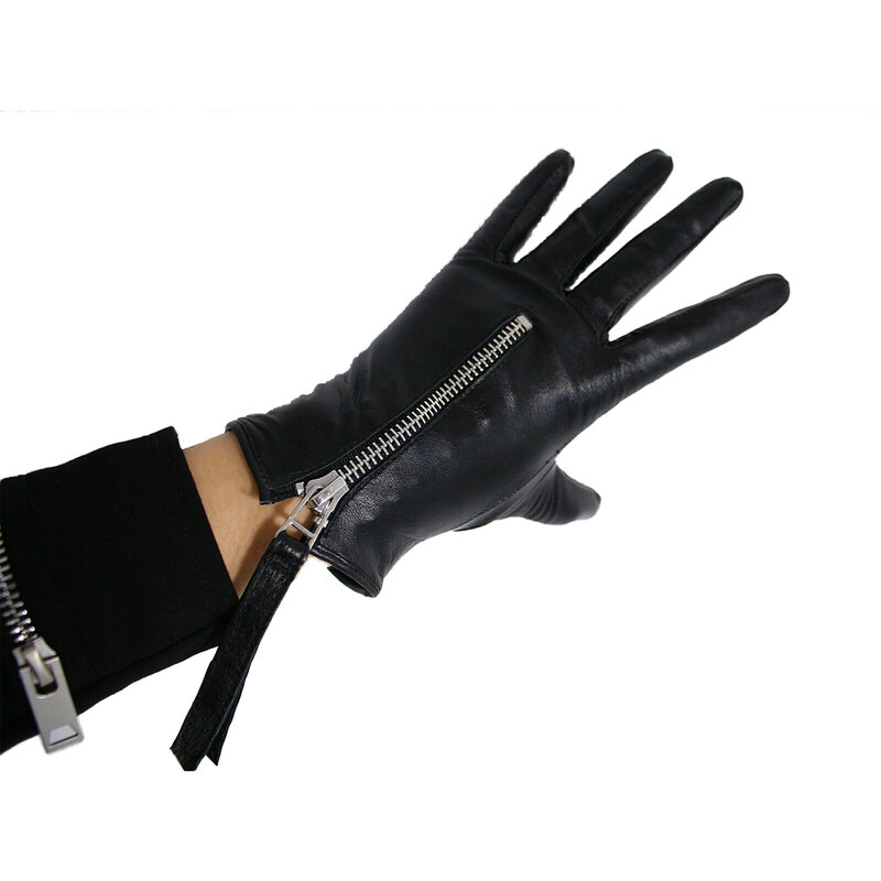 DooWay sarung tangan hitam kulit asli wanita, sarung tangan teknologi hitam kulit asli, layar sentuh belakang ritsleting pendek, sarung tangan mengemudi modis