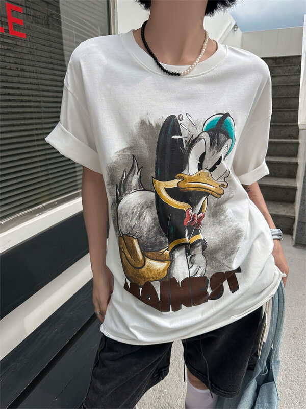 Potdemiel-Camiseta de manga corta con estampado de dibujos animados Retro americano para mujer, jersey de cuello redondo, camisetas de diseño rasgado, primavera y verano