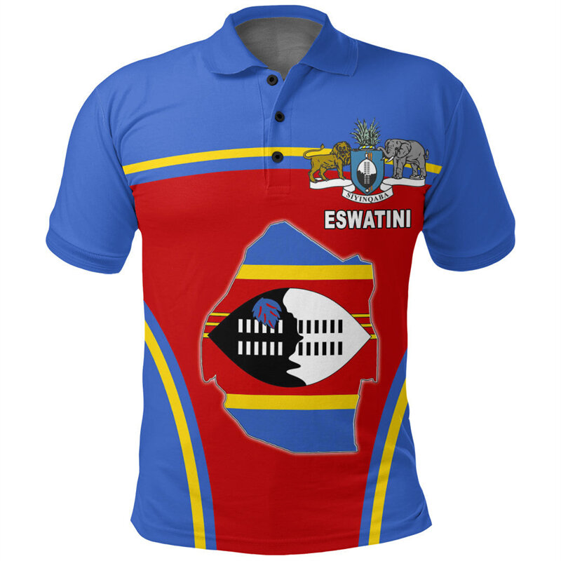 Africa Eswatini flaga mapa 3D drukowane koszulki Polo dla mężczyzn Swaziland godło narodowe z krótkim rękawem patriotyczna koszulka POLO bluzki koszulowe