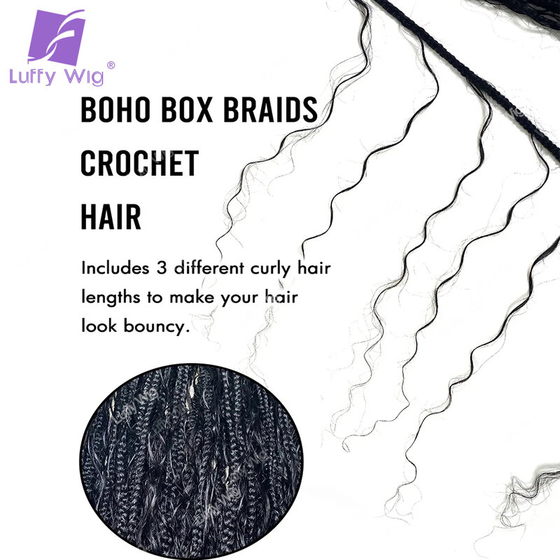 Crochet Bohemian Braiding Hair Extensions, Tranças sintéticas pré-enroladas, Boho Box Tranças com cachos, Luffywig