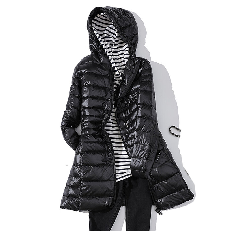 Jaket hoodie panjang portabel wanita, mantel parka berkerudung ultra ringan musim dingin, mantel panjang portabel untuk wanita