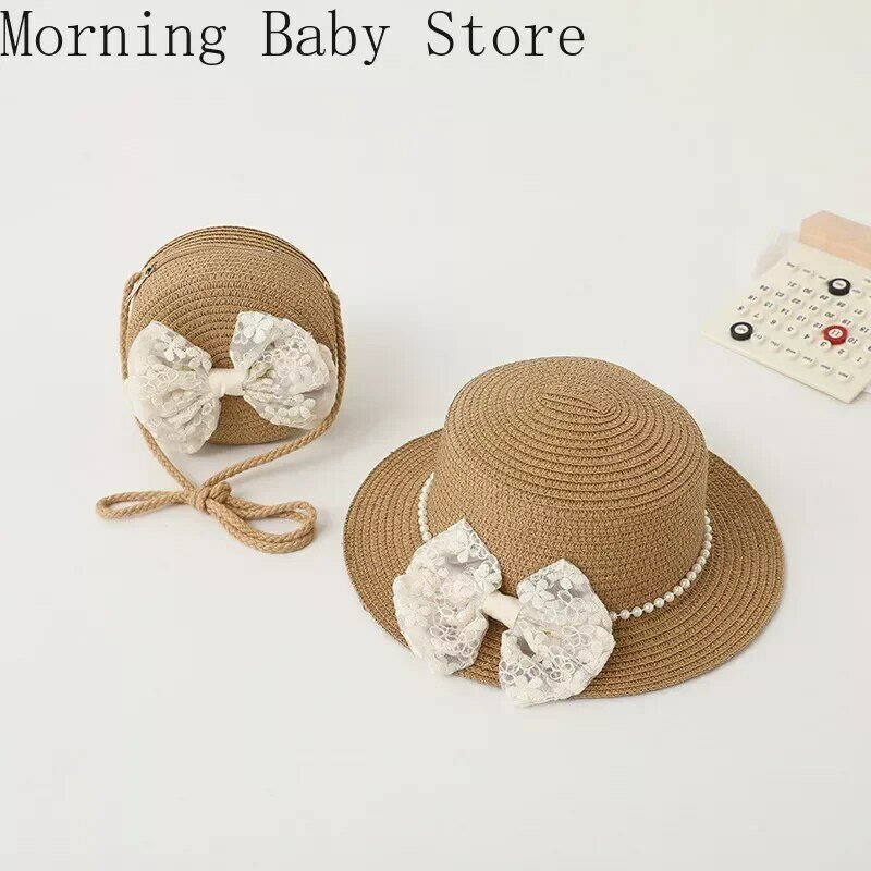 Fashion Lace Baby Hat Bag Summer Straw Bow Baby Girl Cap Beach Children Panama Hat Princess Baby Hats and Caps for 3-6 Years Old