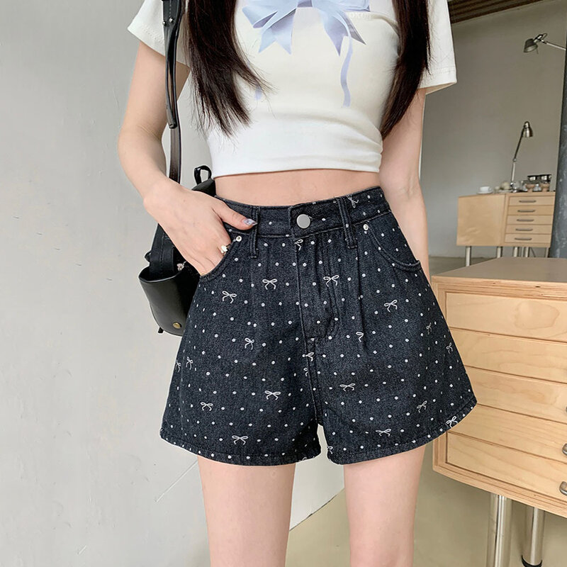 Celana pendek motif Polka Dot, celana pendek Denim model Korea longgar kaki lebar musim panas untuk wanita
