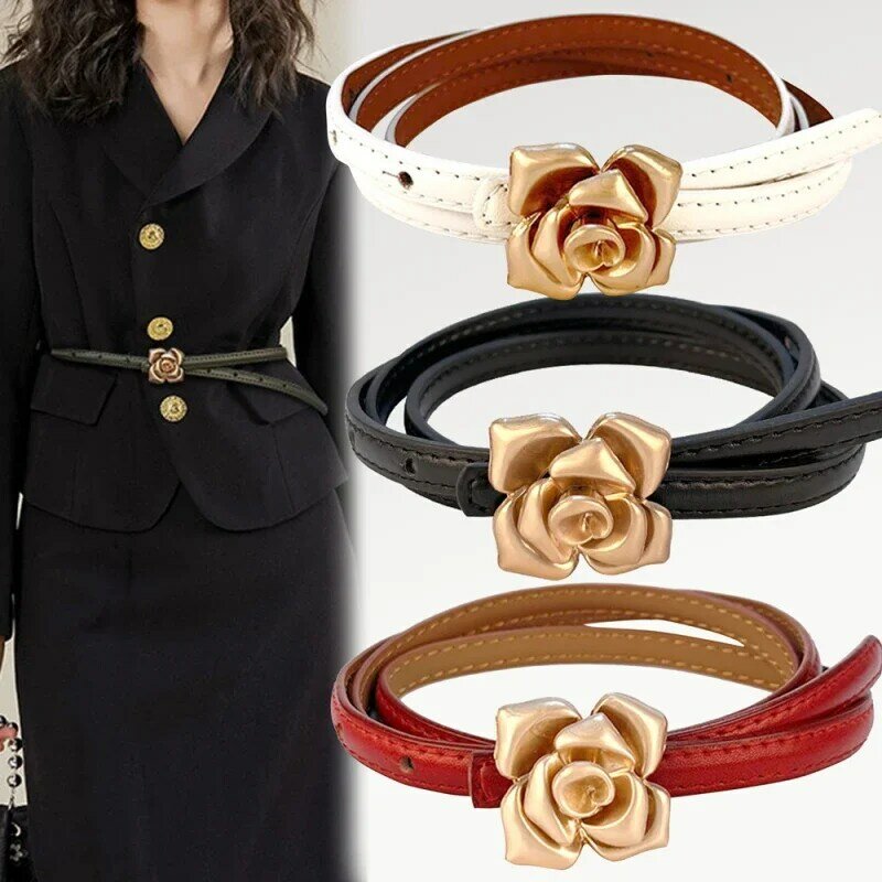 Cinturón fino de piel de vaca para mujer, cinturón Rosa único de 1,0 cm, versátil, a la moda