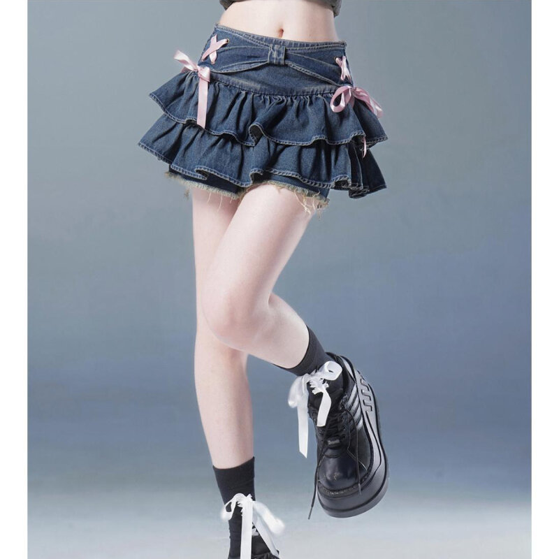 Deeptown rok Mini Denim manis Korea rok Coquette pita lucu Ruffle rok pendek A-line hitam musim panas antik