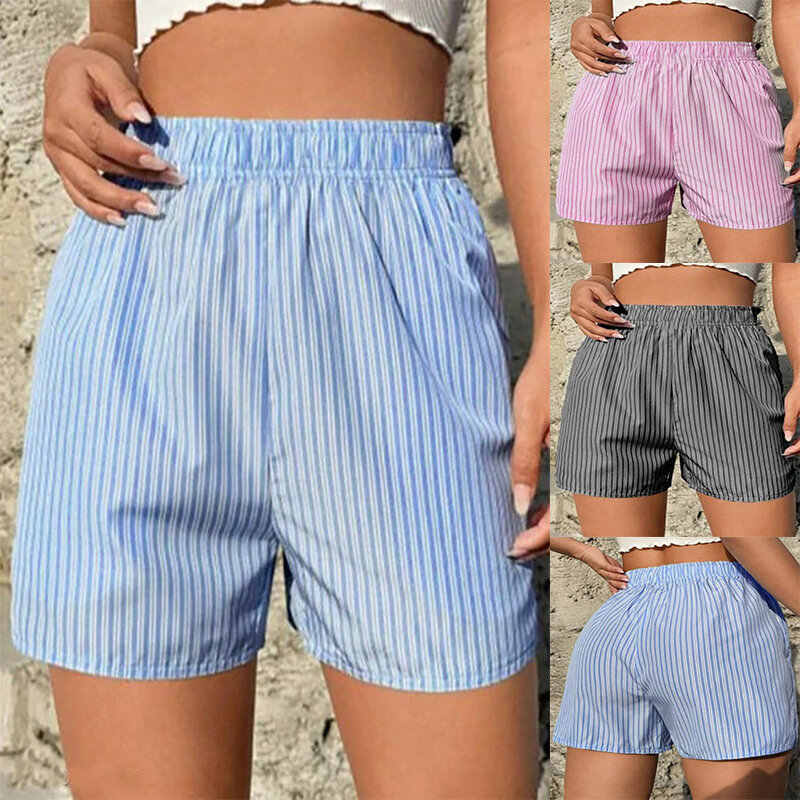 Shorts listrados para as mulheres, casual, solto, com bolso, nova moda, verão, 2023