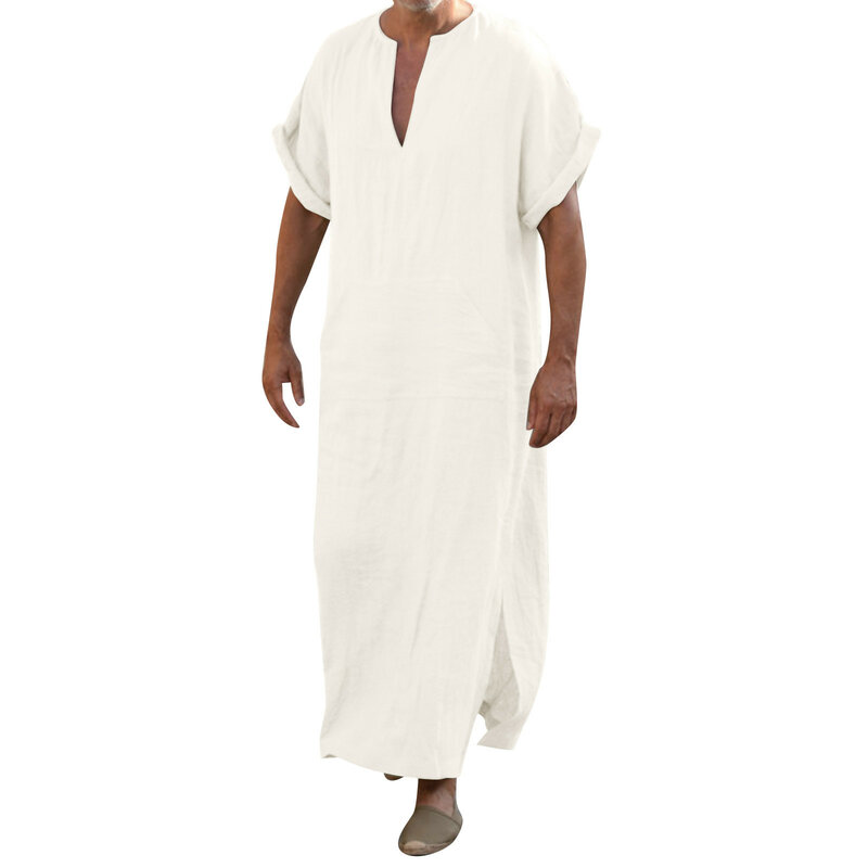 Mens Casual Fashion Muslim Cotton V Neck Short Sleeve Robe Men T Shirt Tops
