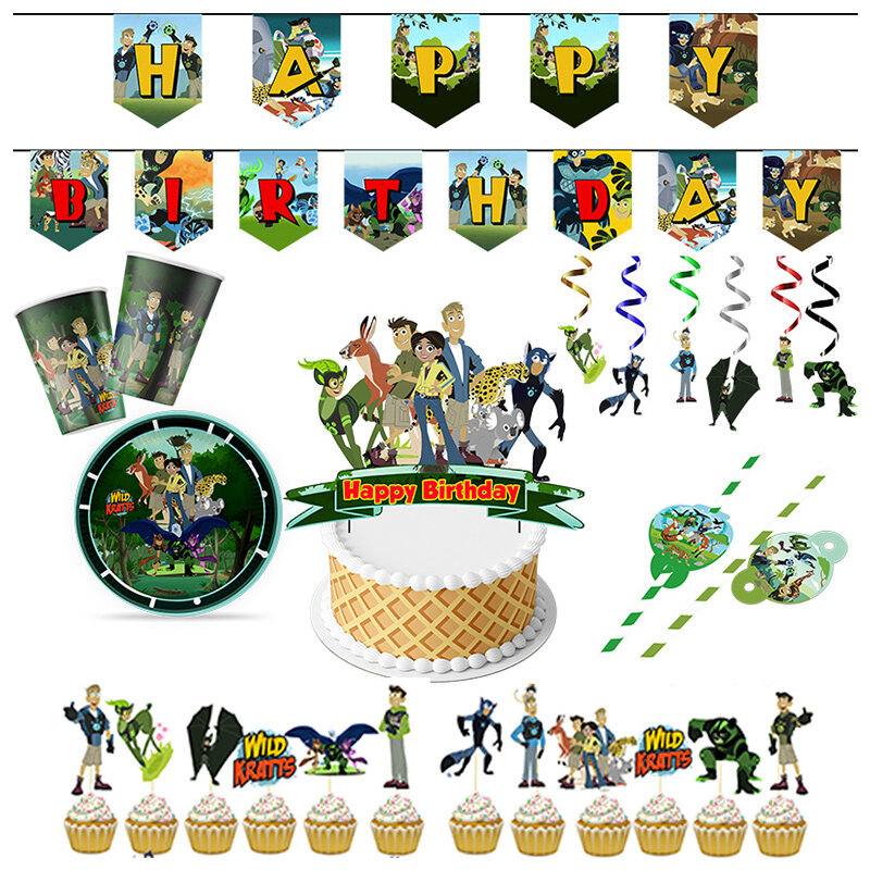 Décoration de fête d'anniversaire de dessin animé de kratts sauvages, assiette, pailles en accent d'abeille, serviettes, bannière, gâteau, fournitures de fête préChristophe