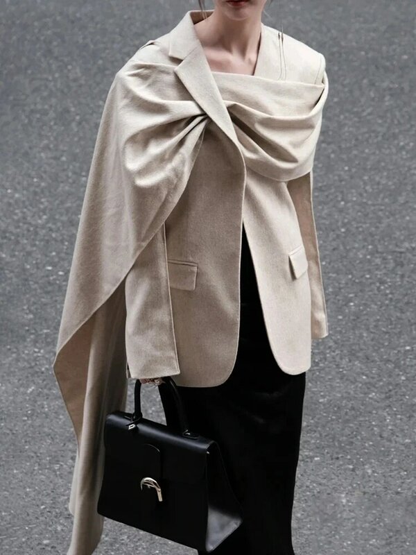 TWOTWINSTYLE-Blazer minimalista liso para mujer, chaqueta asimétrica de manga larga con cuello tipo bufanda y bolsillo de retales, a la moda, novedad