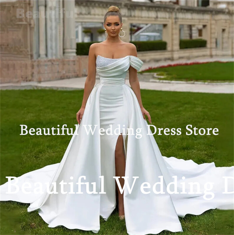 Beautiful Dress Detachable Train Wedding Dress For Women Strapless Mermaid Satin Floor-Length Sweep Train Bridal Gown Prom Dress