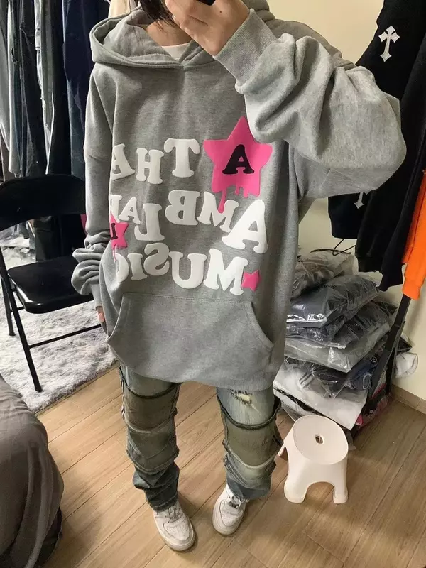 ใหม่ Harajuku 3D Foaming พิมพ์ Hoodies Star Letter Hoodies ผู้หญิงเสื้อกันหนาวขนาดใหญ่ Y2k คู่ Streetwear Goth เสื้อผ้าผู้หญิง
