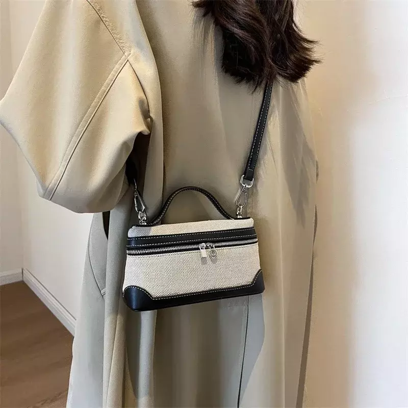 High quality canvas women's box shoulder bag on sale 2024 new zipper patchwork sewing thread makeup bag fashion crossbody bag