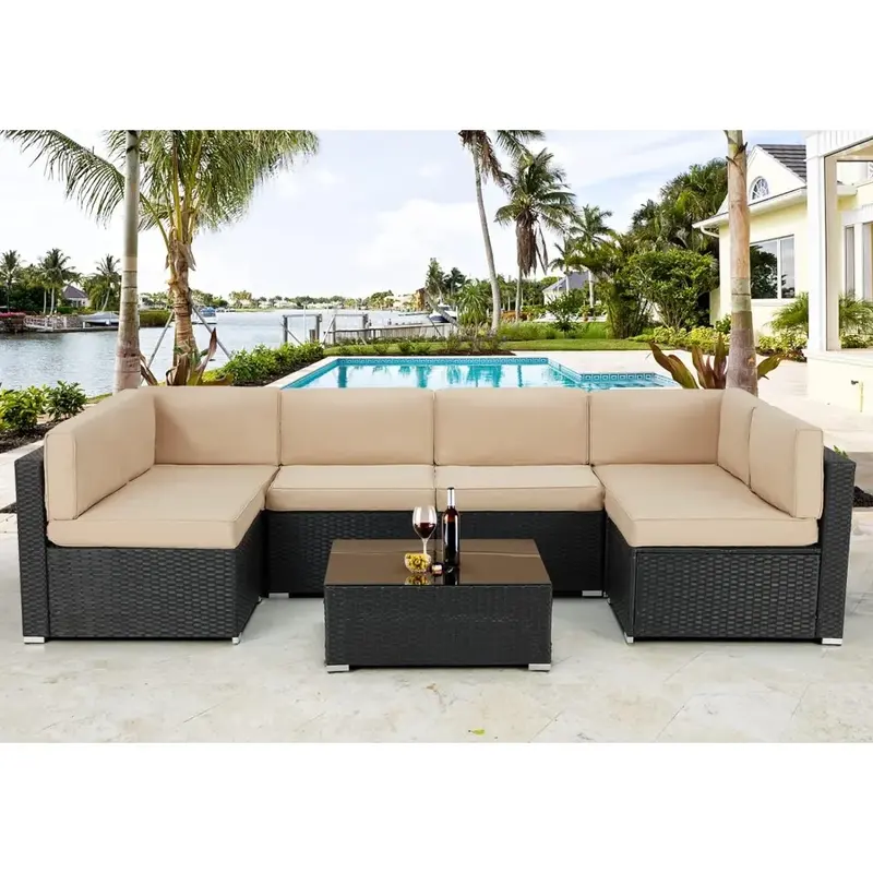 Rattan Wicker Sofa Set, Outdoor Furniture Set with Cushions and Tea Table, Black PE Rattan, 7 PCS