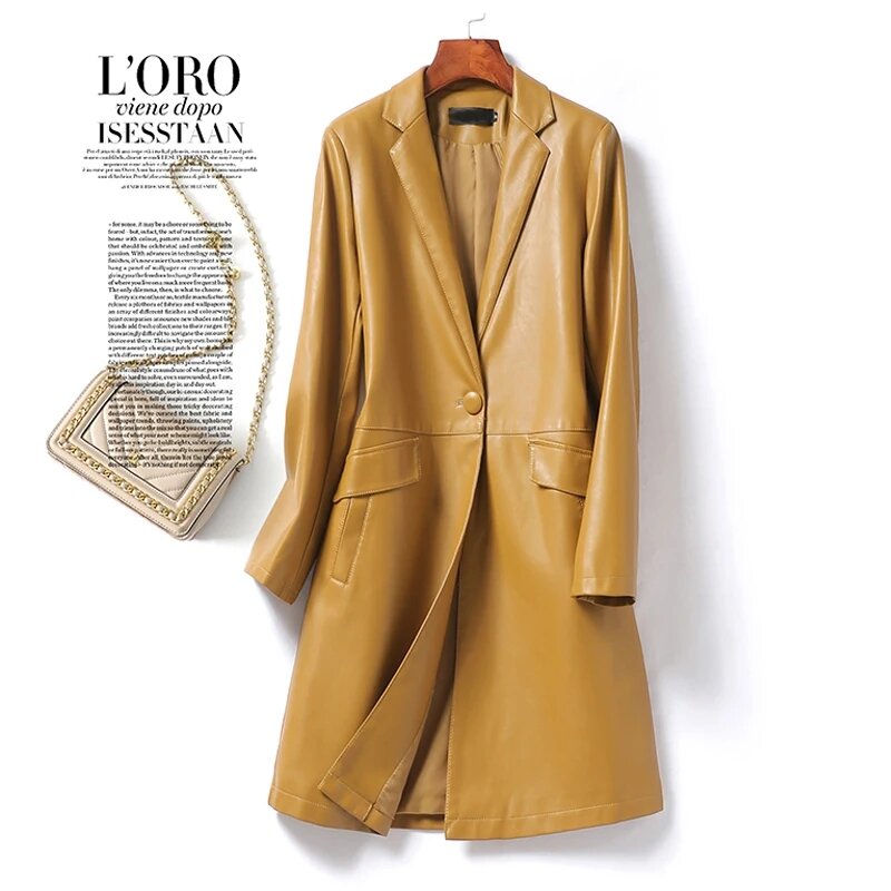 Real Leather Trench Coat Women Midi-length Sheepskin Outwear 2023 Fall Winter Blazer Collar Single Button Ladies Lambskin Trench