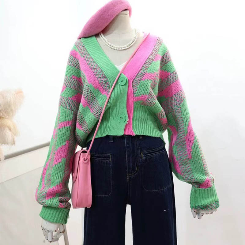 Women Color Block Green Crop  Cardigan High Street Long Sleeve Knit Top 2023 Autumn Winter New in Korean Dongdaemun Fashion