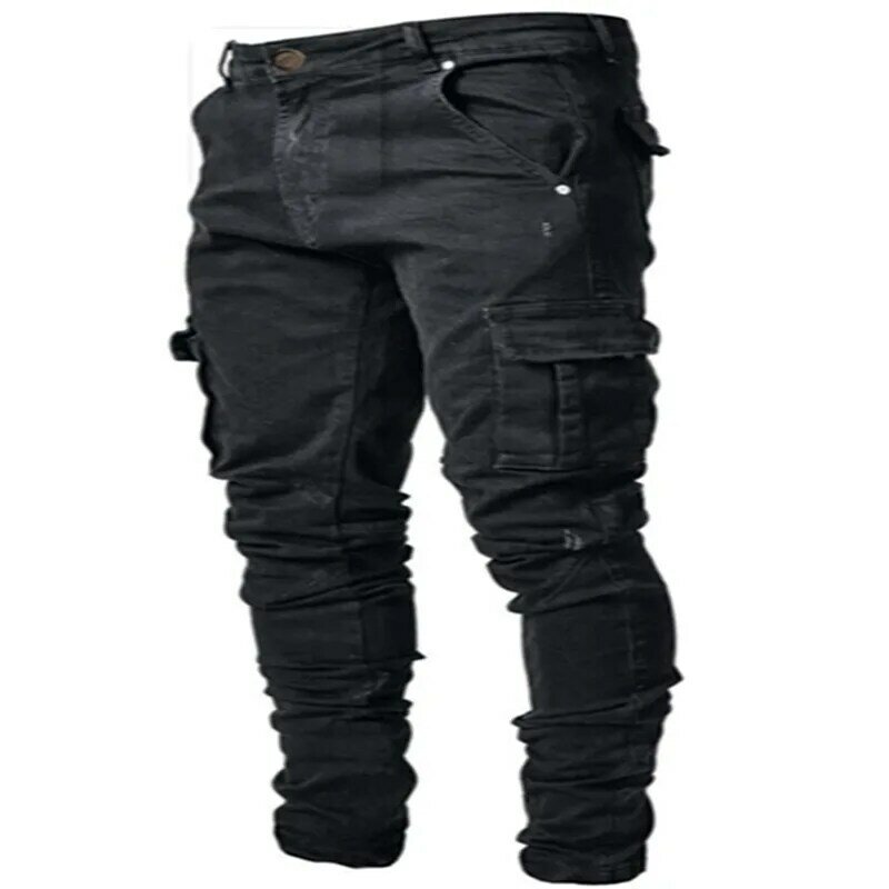2024 Spring Summer New Men's Clothing Solid Color Stretch Multi-Bag Skinny Pants Slim Slimming Denim Cargo Pants