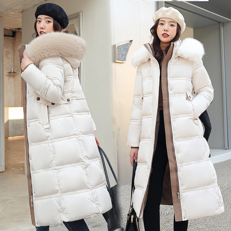 Casaco de algodão longo com capuz feminino, casaco acolchoado grande solto coreano, Parkas grosso de pele quente, casaco à prova de vento, inverno