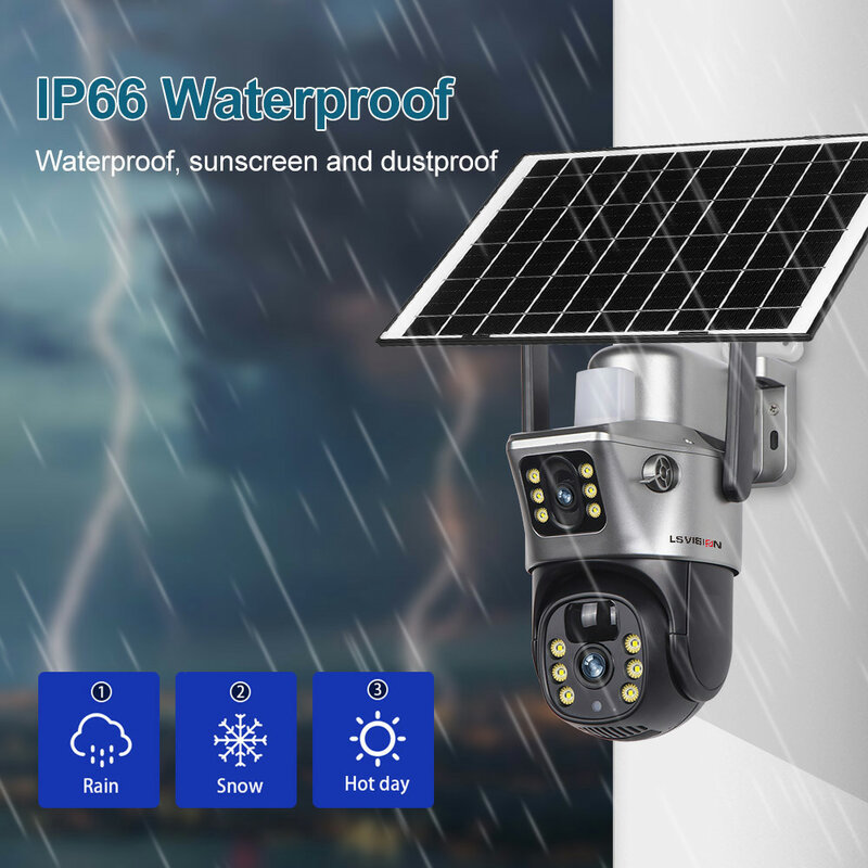 LS VISION-Câmera solar ao ar livre, lente dupla, WiFi, 8MP, câmera IP 4K, painel solar, segurança CCTV, bateria embutida, PIR Cam, V380