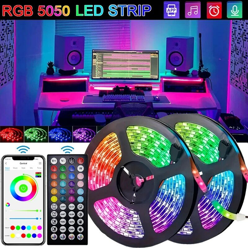 USB LED Strip Lights para decoração do quarto, RGB 5050, controle do aplicativo Bluetooth, fita flexível da lâmpada, fita de diodo