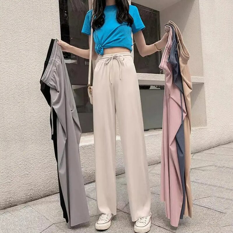 Loose Fit Women Trousers Elastic Drawstring Waist Women's Summer Pants Solid Color Straight Wide Leg Trousers for Streetwear
