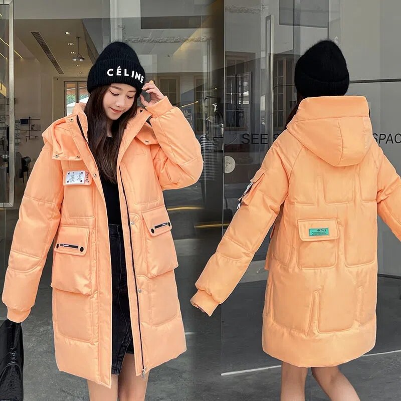 2023 Winter Long Korean Version Down Cotton Tooling Outcoat Women Loose Hooded Add Thick Keep Warm Windproof Female Parka Coat