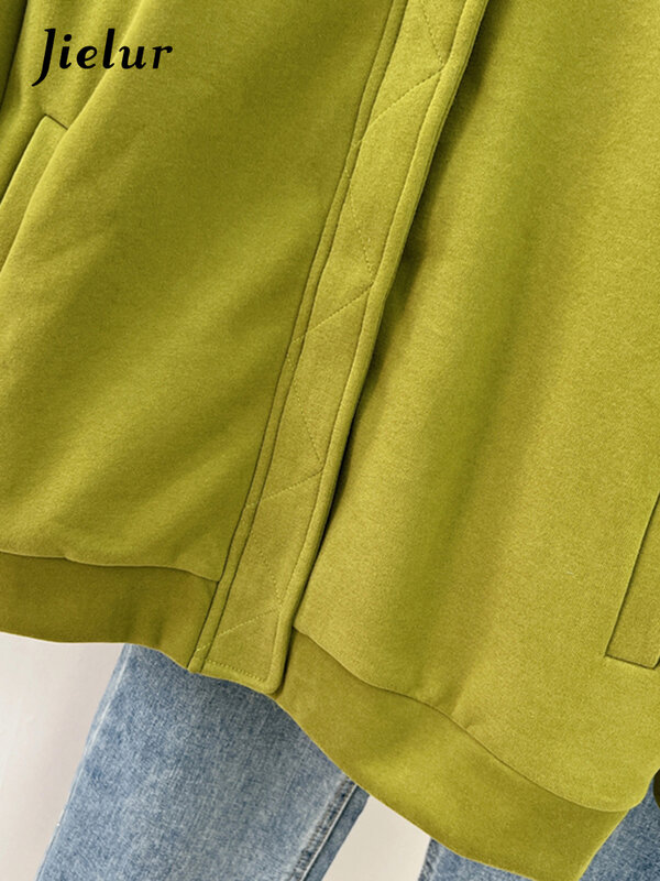 Jielur-chaquetas holgadas Vintage para mujer, abrigos informales con bolsillos, cremallera americana bordada, estilo Preppy, color verde, novedad