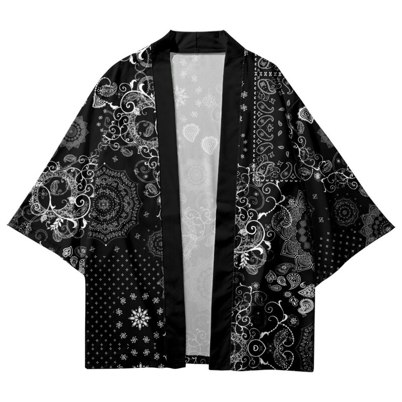 Kimono negro con estampado de flores de anacardo para hombre, cárdigan de estilo japonés Haori, Tops de verano, novedad de 2022