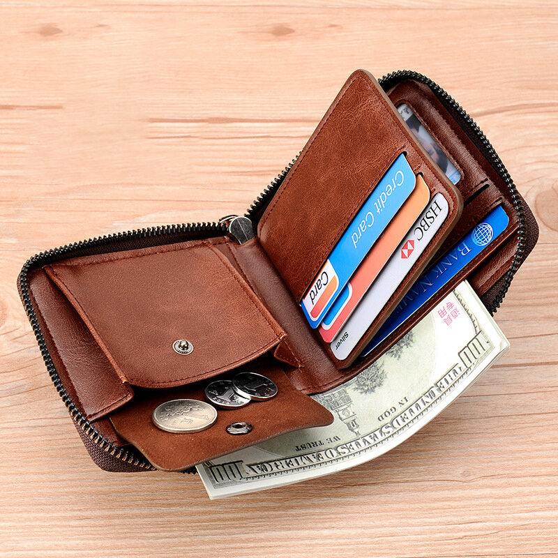 Genuine Leather Wallet for Men Zipper RFID	Card Holder Purse Portable Luxury Designer Men’s Wallets Male Short Cardholder