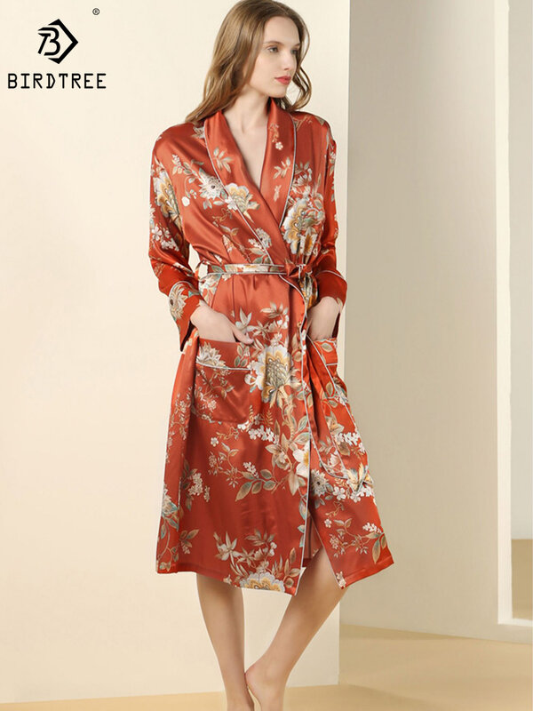 Birdtree, 90% шелк тутового шелкопряда, Элегантная ночная рубашка, китайский стиль, женский Принт, удобный роскошный длинный халат, весна-лето 2024, P41481QD