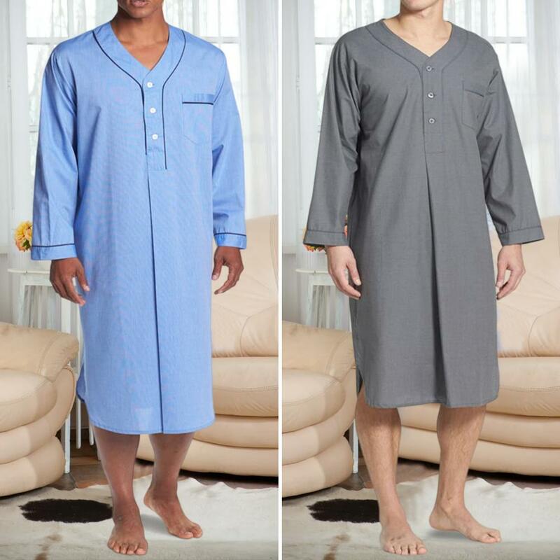 Bathrobe Men's Knee Length V-neck Nightrobe with Pockets Buttons Soft Breathable Night Clothes Solid Color Long Sleeves Pajamas