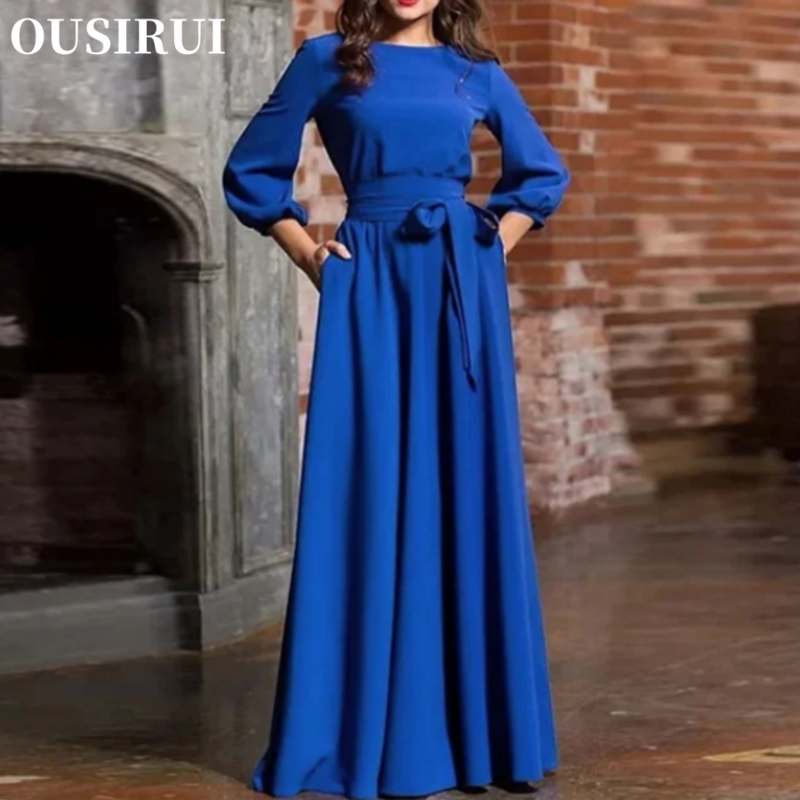 OUSIRUI 2024 Women Lantern Sleeve Long Party Dresses Autumn Elegant Vintage Bow Tie Maxi Dress Floor-Length Dress Robe De Soiree