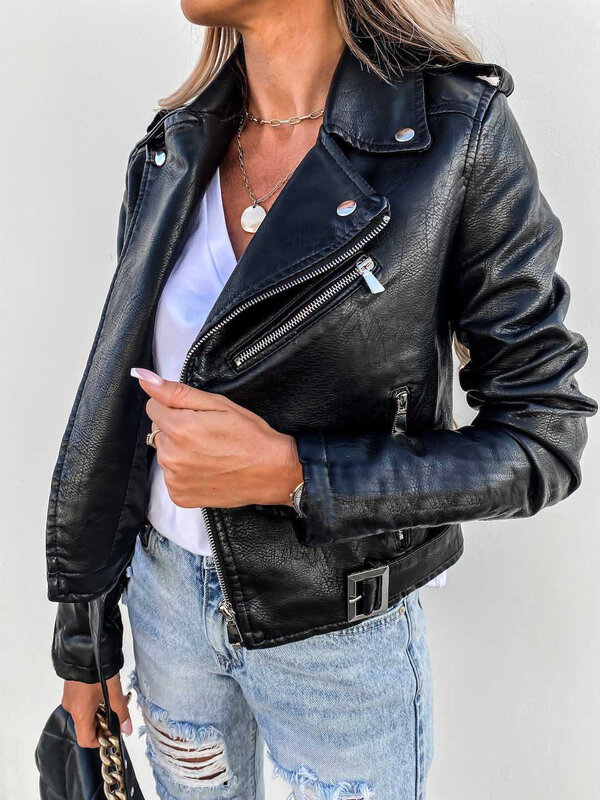 2024 Women's New 3 Autumn Pu Leather Motorcycle Short Zipper Leather Jacket