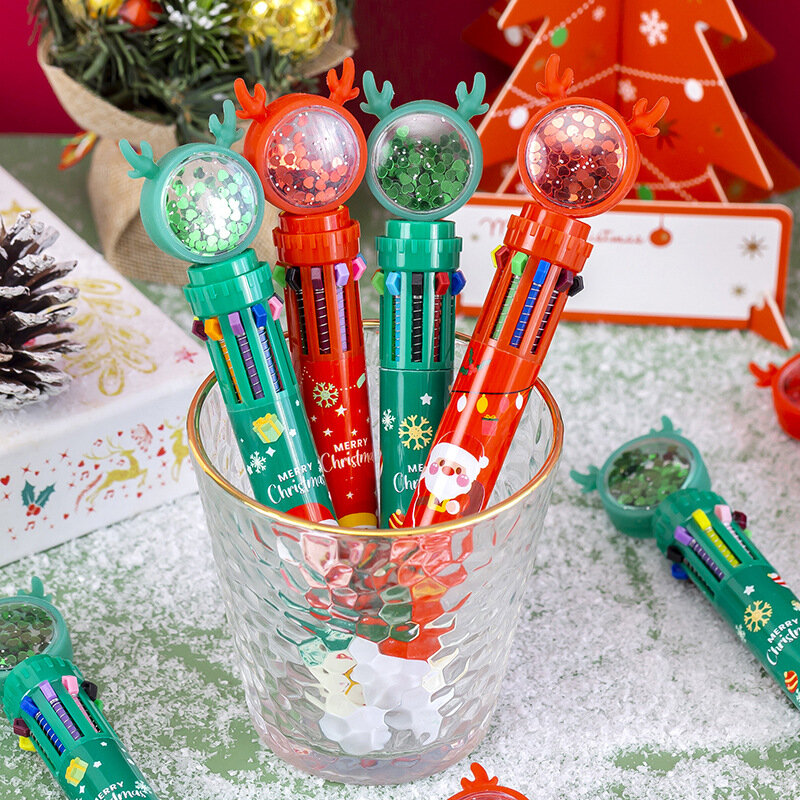 귀여운 크리스마스 볼펜, 만화 순록 스팽글 컬러 핸드 레저 펜 도구 낙서 펜 장난감, 크리스마스 테마 선물, 10 색