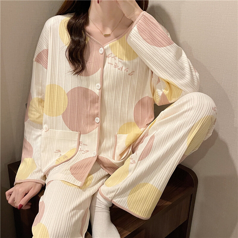 Women's 2 Pieces Pajamas Set 100% Cotton Pyjama Flower Pijama Women Homewear Soft Sleepwear Long Sleeve Lapel Shirt Pants Suit