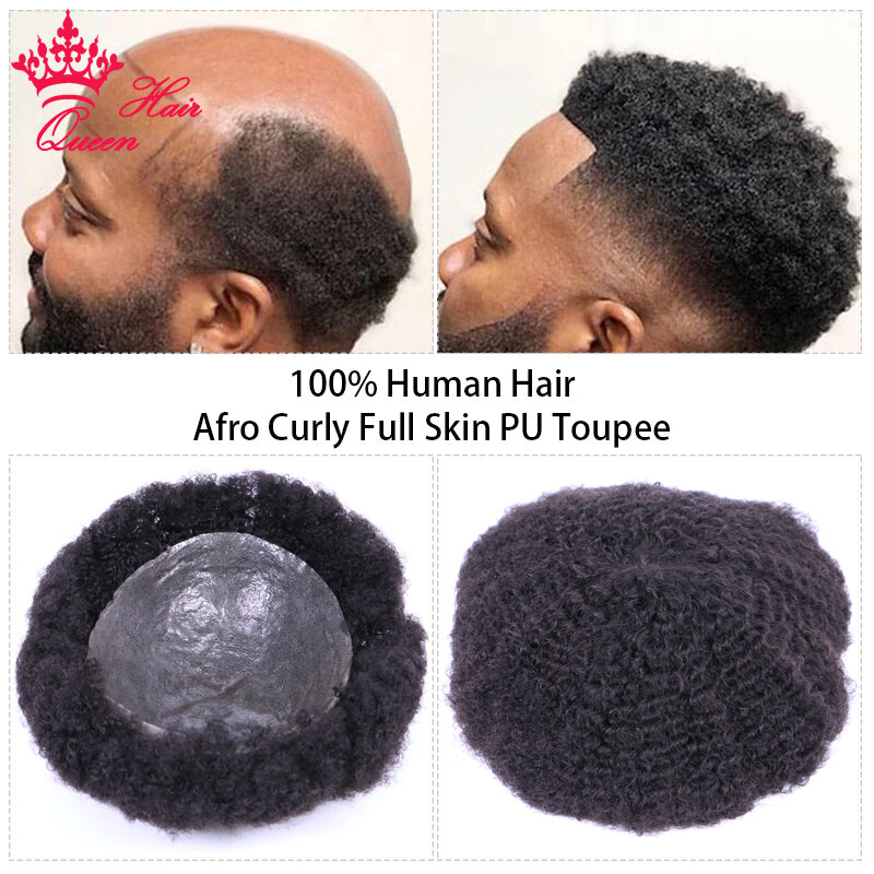 Mens Afro Toupee 100% Human Hair Full Skin PU Toupee Men Toupee For Men's Hair Replacement Hairpiece American Afro Curl Toupee