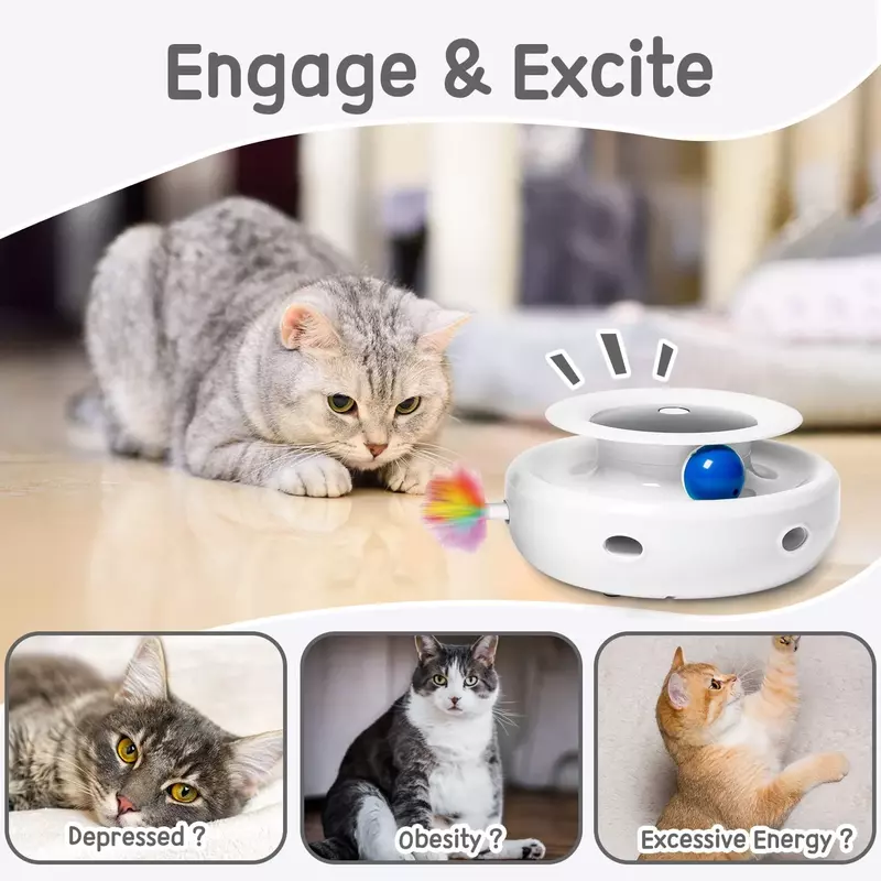 Cat Toys 2in1 Interactive for Indoor Cats, Timer Auto On/Off, Balls & Ambush Feather Electronic