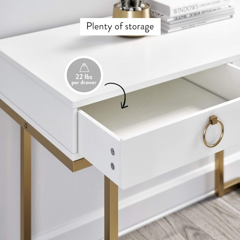 Nathan James Leighton Two-Drawer Writing Glam Accents Brass, Home Office Computer Desk or Vanity Table, 2, White/Gold, Small