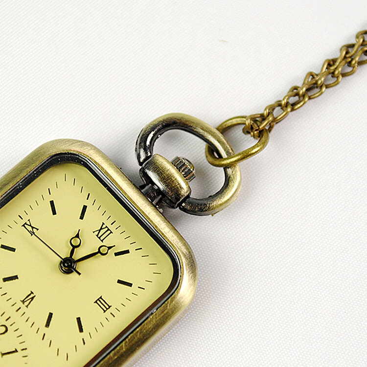 Jam tangan saku Quartz dua 2 tombol, untuk pria wanita, rantai Fob persegi panjang, liontin perunggu, jam kalung untuk koleksi hadiah