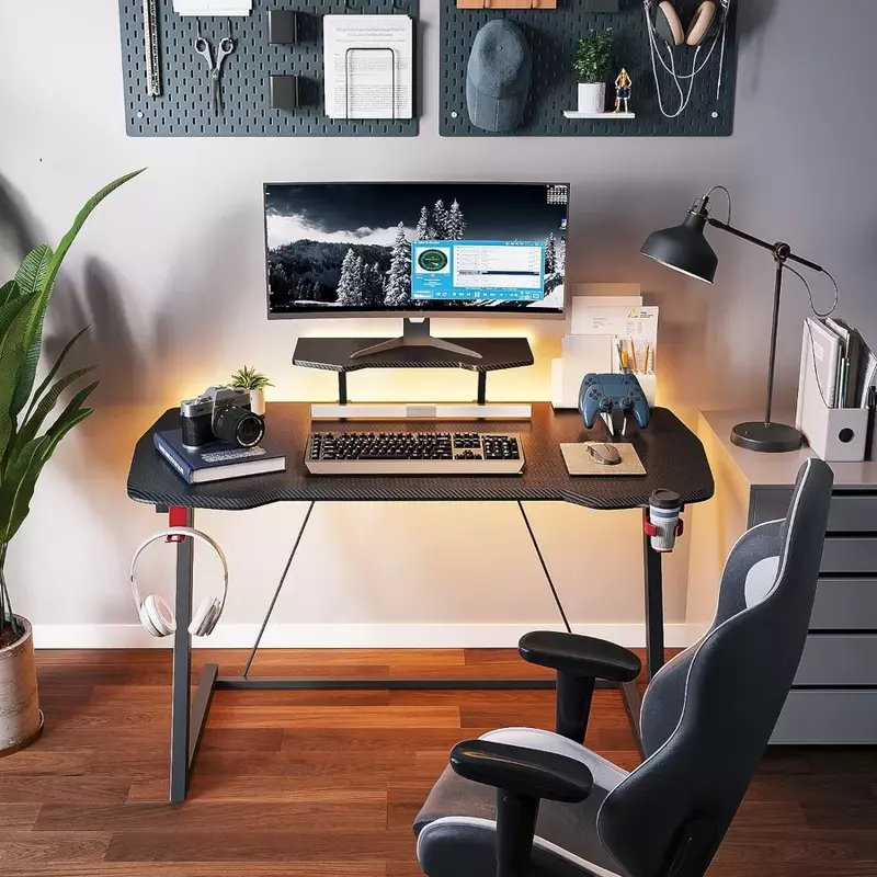 Gaming-Schreibtisch mit LED-Leuchten, kleiner Gaming-Tisch Schreibtisch 39 Zoll Z-förmig, Gamer-Schreibtisch ergonomisch robust