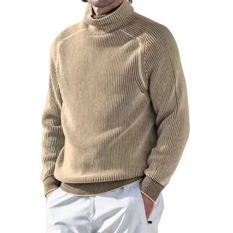 Suéter de gola alta manga comprida masculino, jumper quente, blusa justa, malha casual cinza, elegante e confortável, inverno