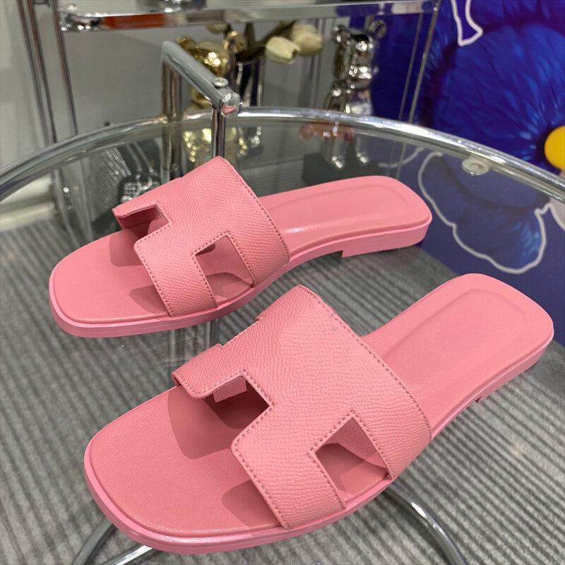 Wholesale 2024 new H brand towed explosive leather female summer wear fashion size code word everything flat sandals