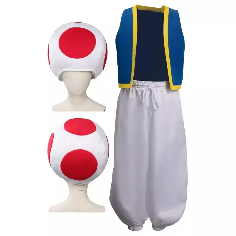 Halloween Costume Cosplay Game Anime Toad Red Mushrooms Hat Vest Pants Carnival Party Cloth Accessories Roleplay Kids Boys Gift