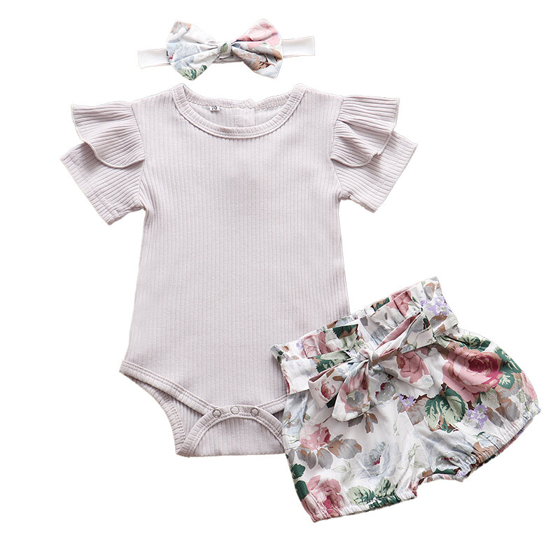 Set pakaian lucu bayi perempuan, atasan lengan pendek putih lipit + celana Motif bunga dengan bandana pita 3 potong untuk Orok baru lahir musim panas