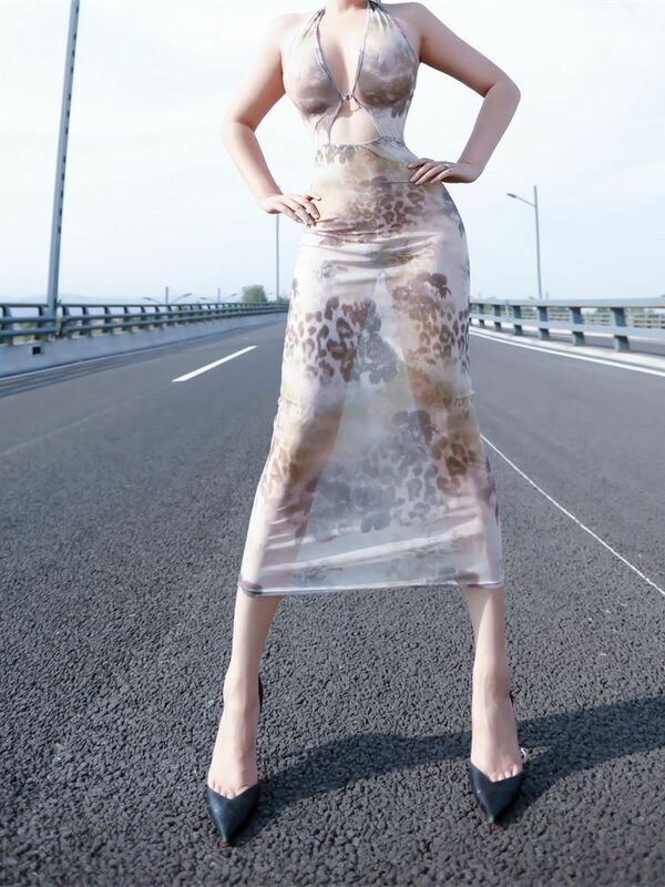 Donne Lady Sexy Dress Backless tentazione maglia stampata vedere attraverso lungo senza spalline alla moda