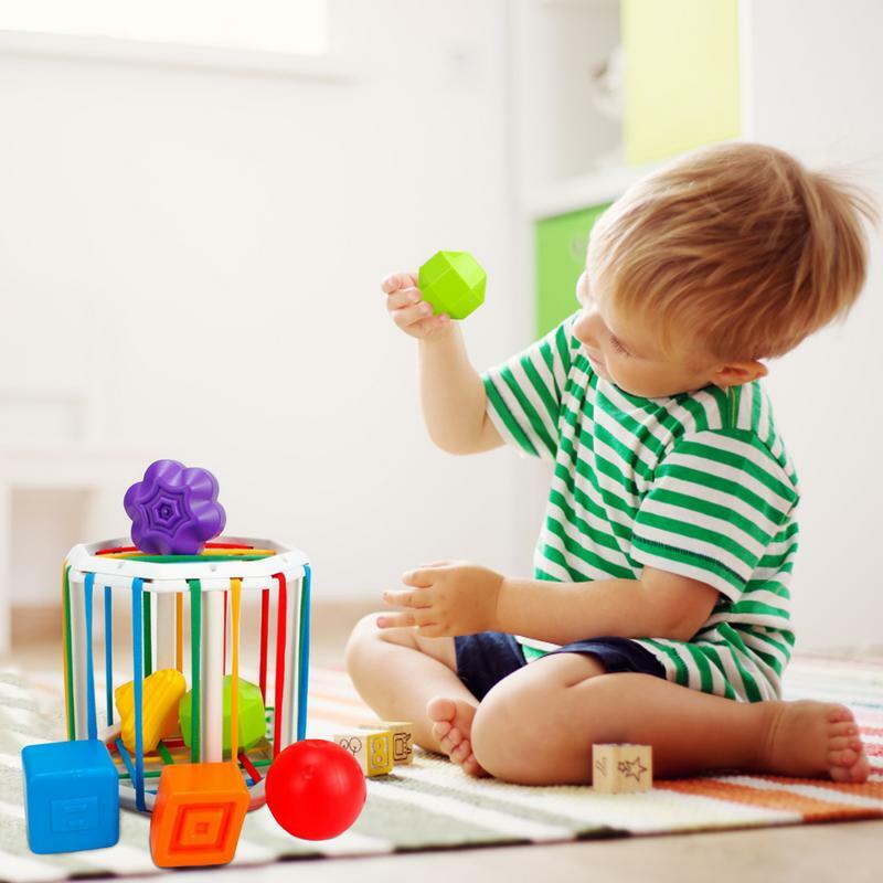 男の子用感覚ソートキューブビン、形仕分け感覚玩具、スマート脳、八角形の立方体、多感覚玩具、1〜2歳、6個