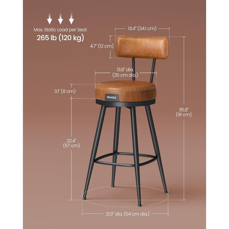 Bar Stools Set of 2, Counter Height Swivel Bar Stools with Back, Synthetic Leather with Stitching,