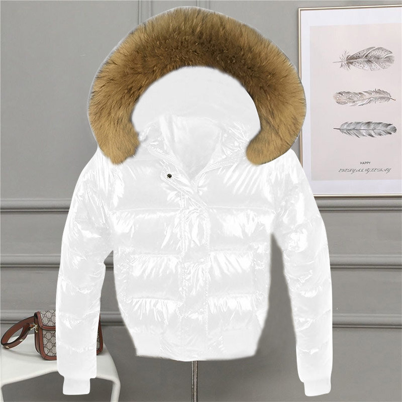 Fashion mantel gelembung putih kerah bulu besar Glossy jaket pendek musim dingin musim gugur tahan air wanita jaket Puffer parka Mujer 2023 baru