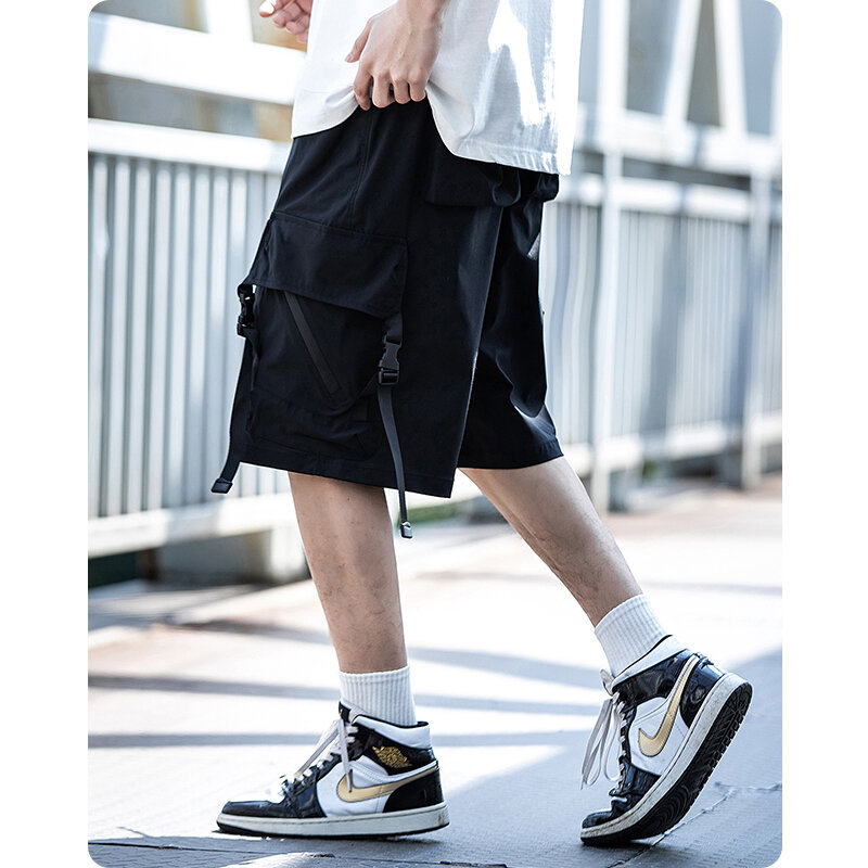 Pantalones cortos rectos con múltiples bolsillos Unisex, ropa funcional para hombre, Sudadera con capucha estilo hip hop de gran tamaño Harajuku de verano