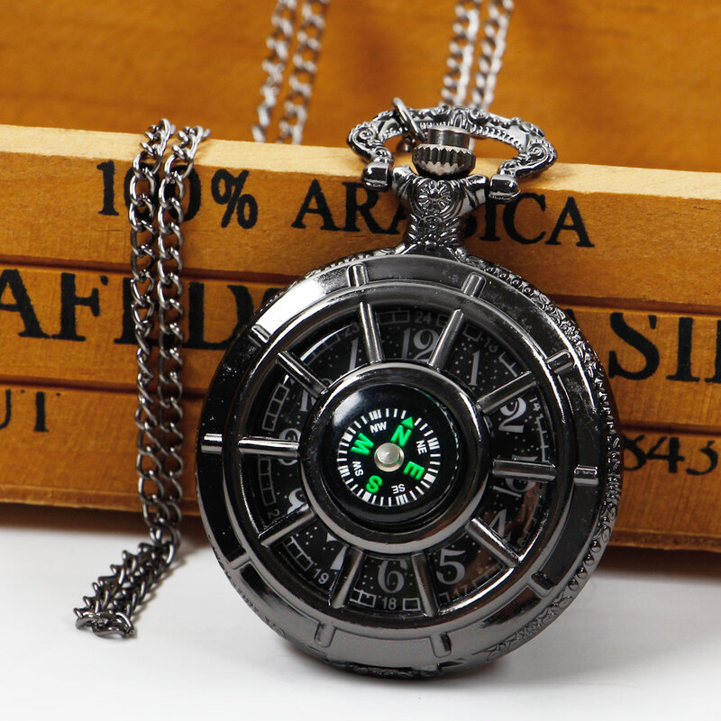 Vintage czarny zegarek kieszonkowy kompas fajne czarny naszyjnik zegarki kieszonkowe kwarcowe wisiorek prezent dla kobiet mężczyzn CF1382